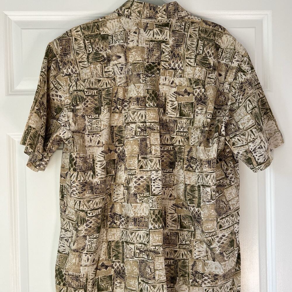 Woolrich John Rich Shirt Mens TIKI Button Up Cotton Tan Fish Print Large